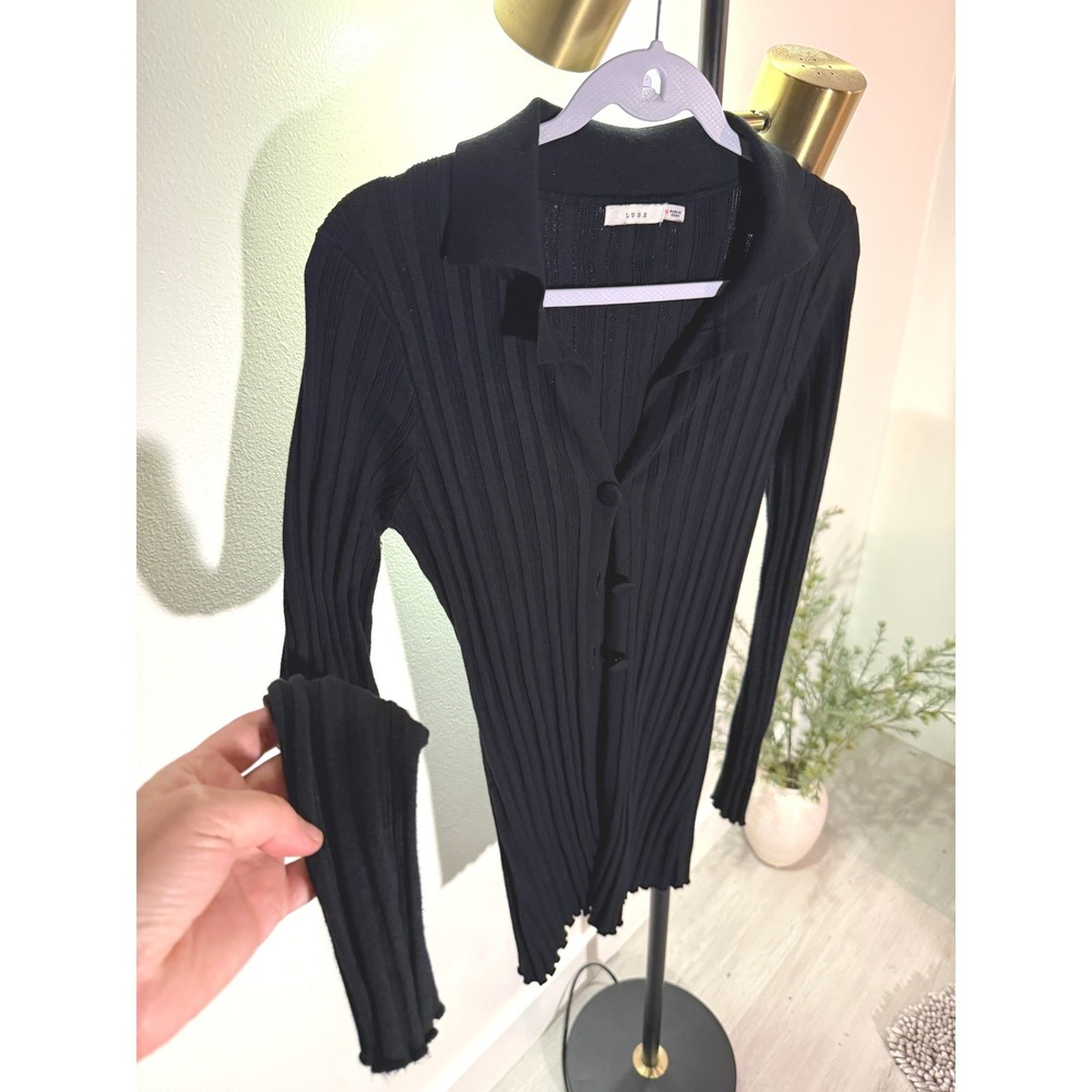 LUSH‎ Black Ribbed Knit Button Front Collared Cardigan Top Lettuce Edge SM NWOT